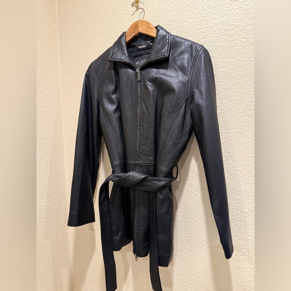 WILSONS LEATHER Vintage Y2K  Pelle Studio Trench Coat Jacket Black Zip Lined  S